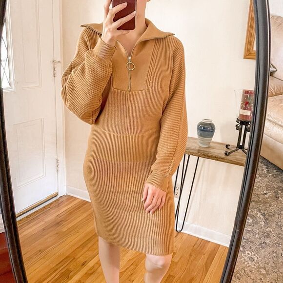 Staud Kirby Ribbed Sweater Dress Midi Camel - Picture 4 of 9